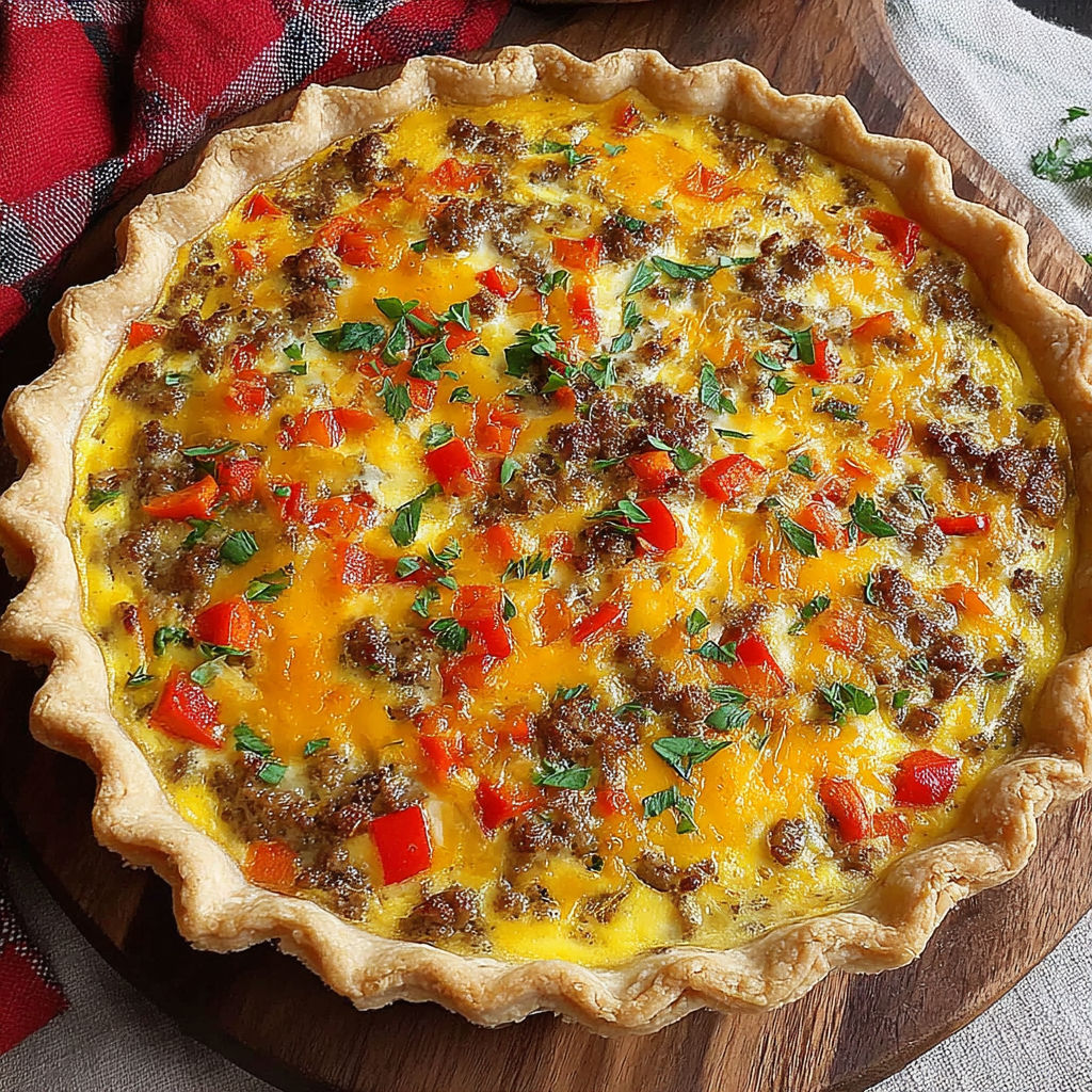 A savory sausage, pepper, and onion quiche.
