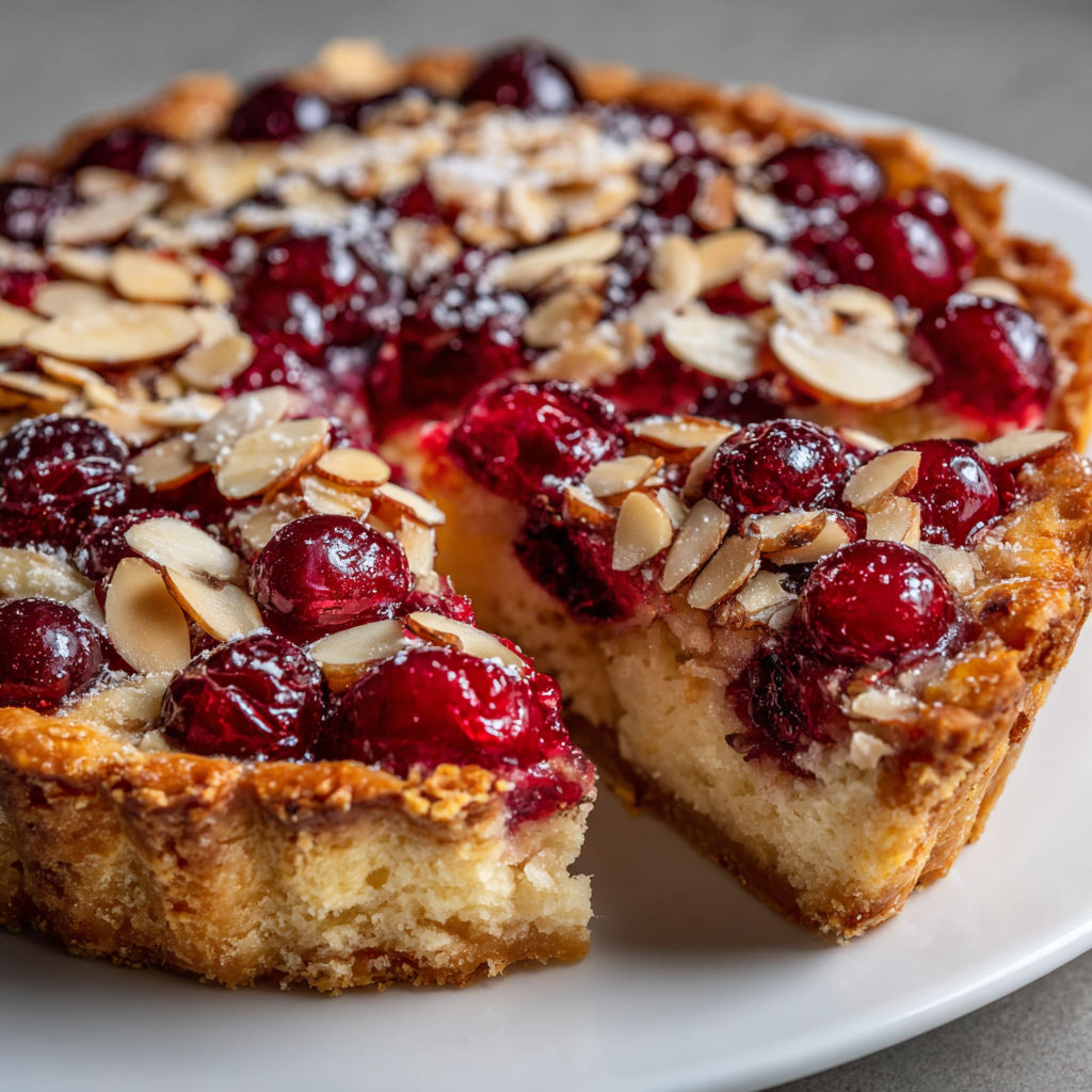 A slice of cranberry almond tart on a white plate.