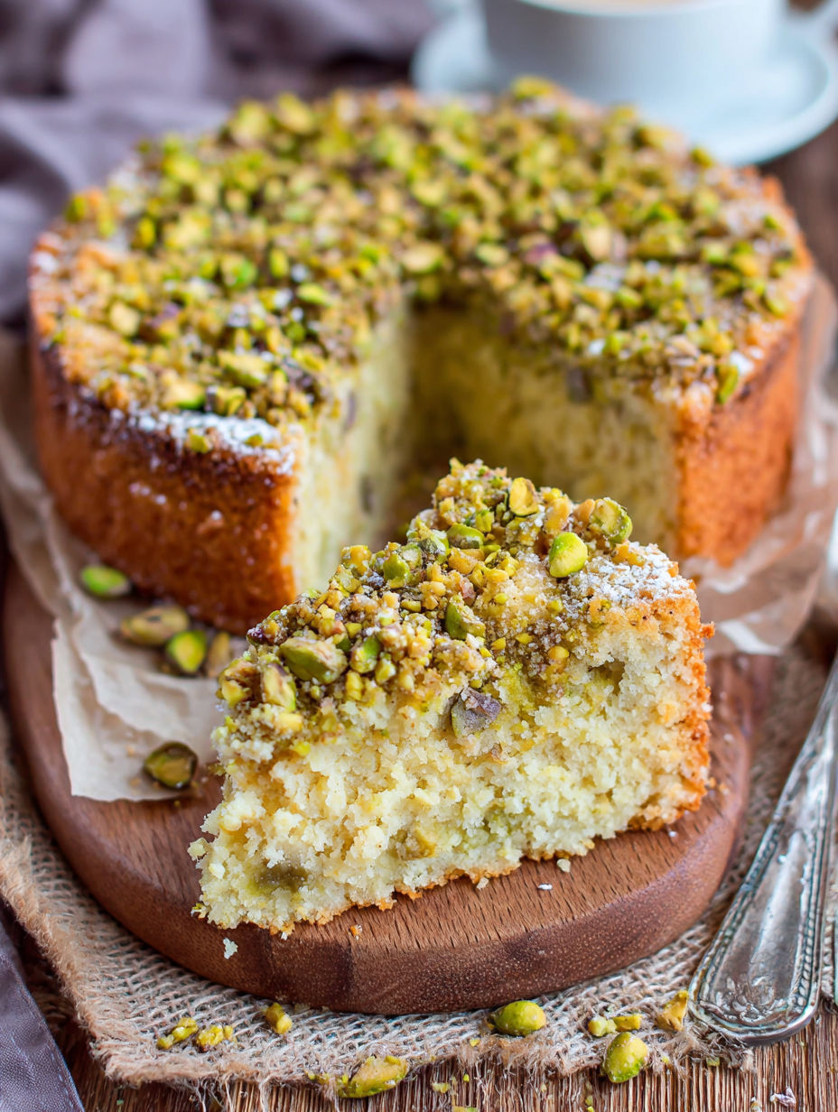 A slice of Italian Pistachio Crumb Cake.