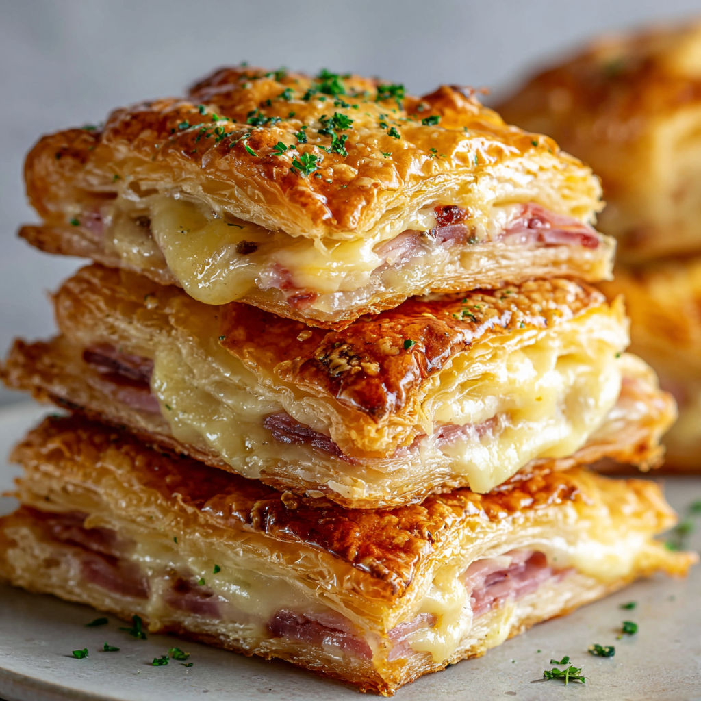 A stack of four pastry sandwiches with cheese and herbs.