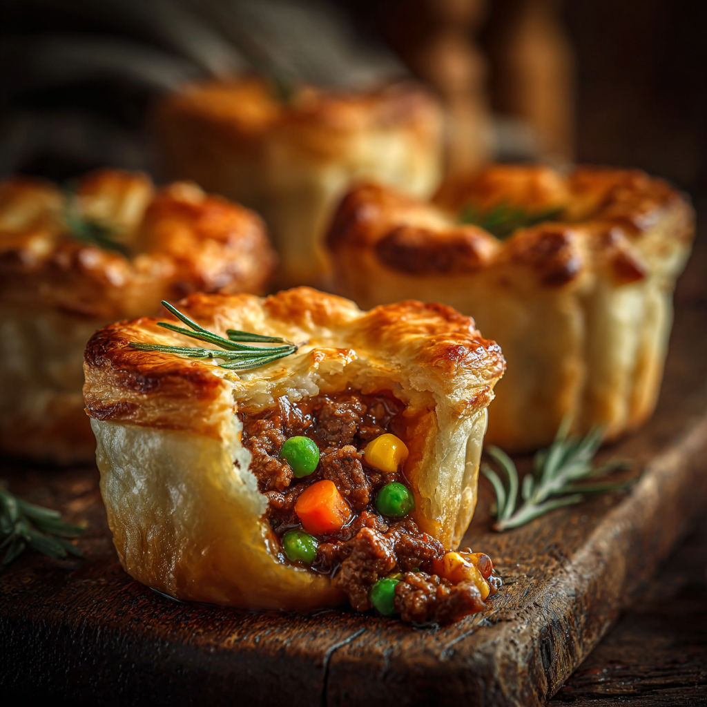 Mini shepherd's pot pies on a wooden platter.