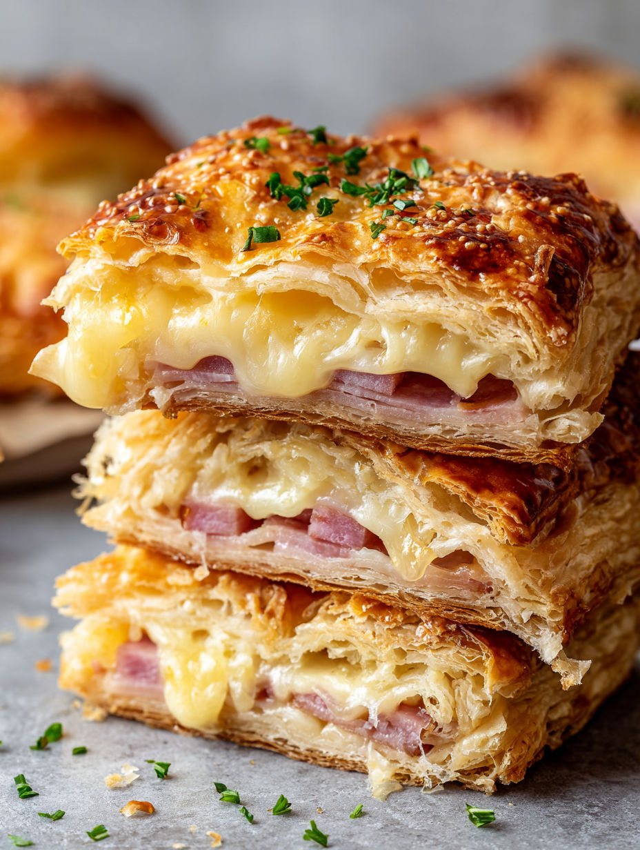 A stack of ham and cheese sandwiches.