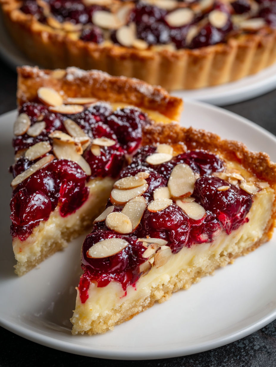 A slice of pie with a cherry topping.