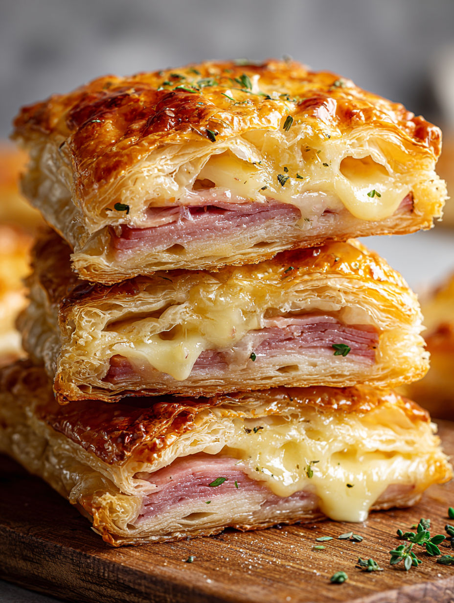 A stack of ham and cheese sandwiches.