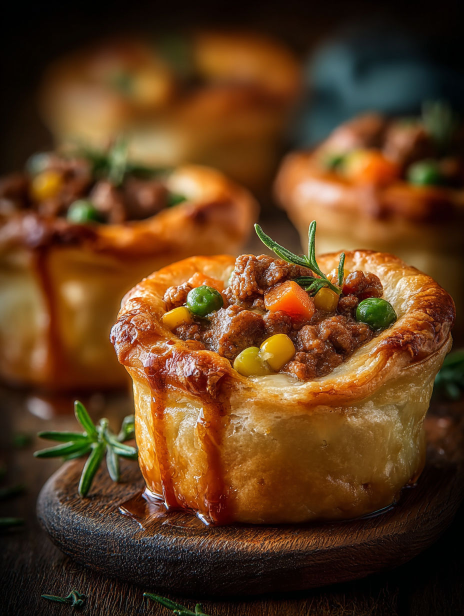 A close up of a pastry with meat and vegetables.