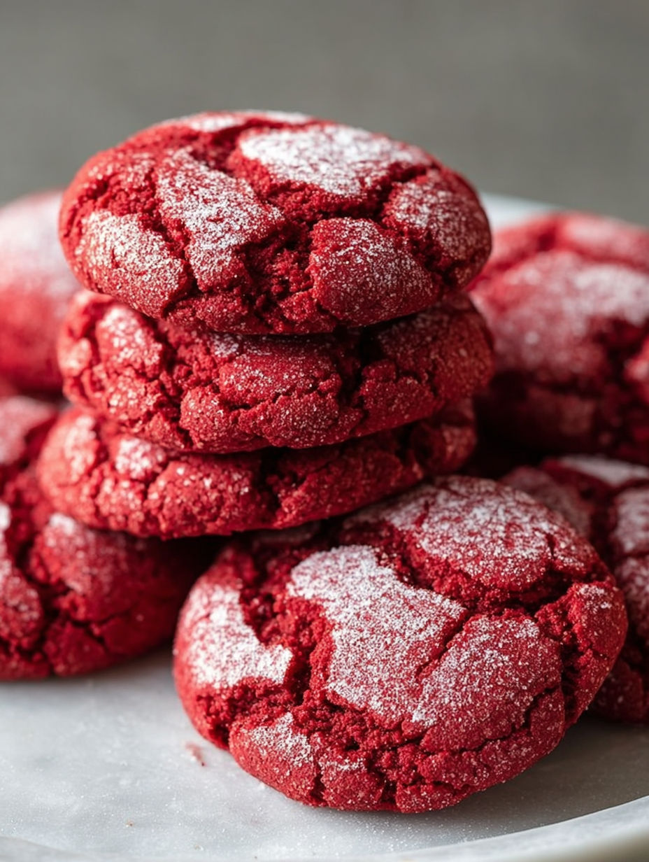 Red velvet cookies with white powdered sugar.
