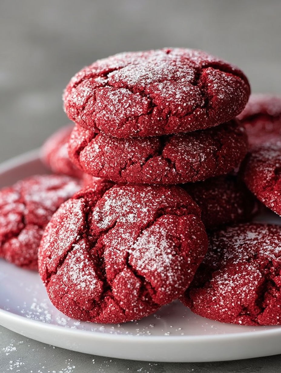 A plate of red velvet cookies with white powdered sugar on top.
