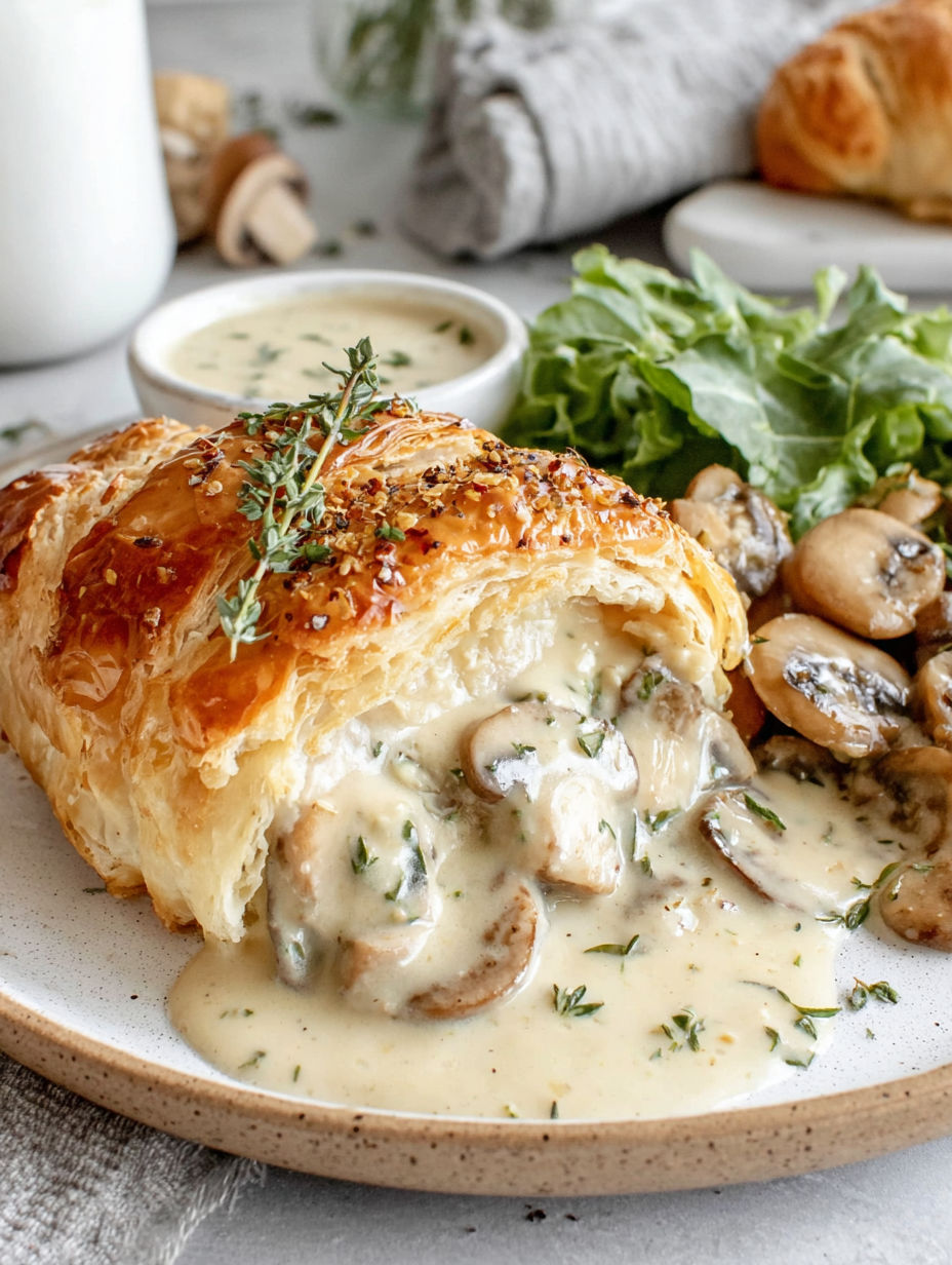 A plate of food with a pastry, mushrooms, and a salad.