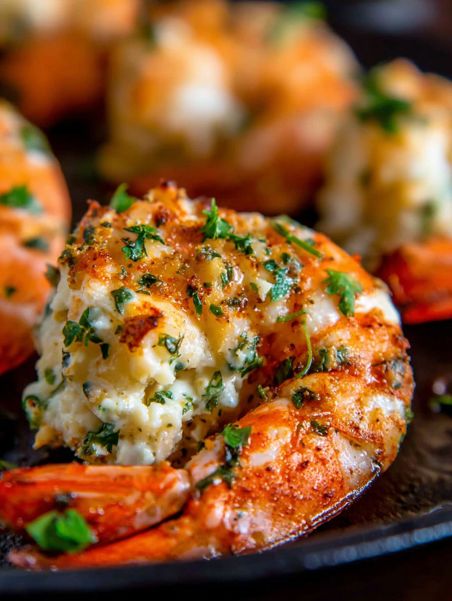 A close up of shrimp with herbs on top.