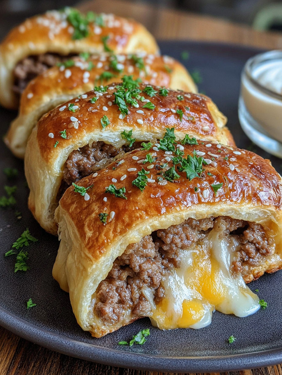 A plate of garlic butter beef cheeseburger rollups.