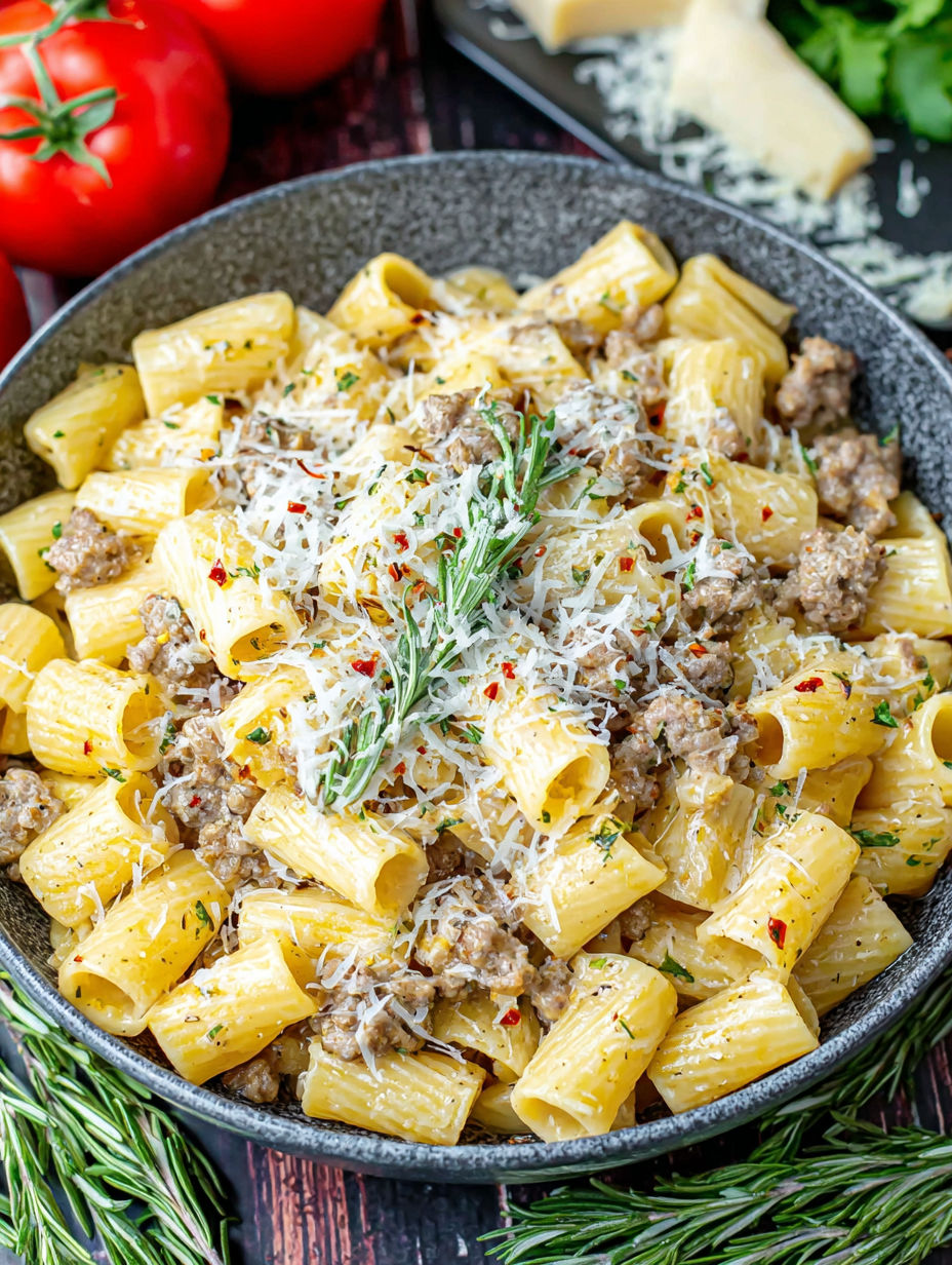 A bowl of pasta with meat and cheese.