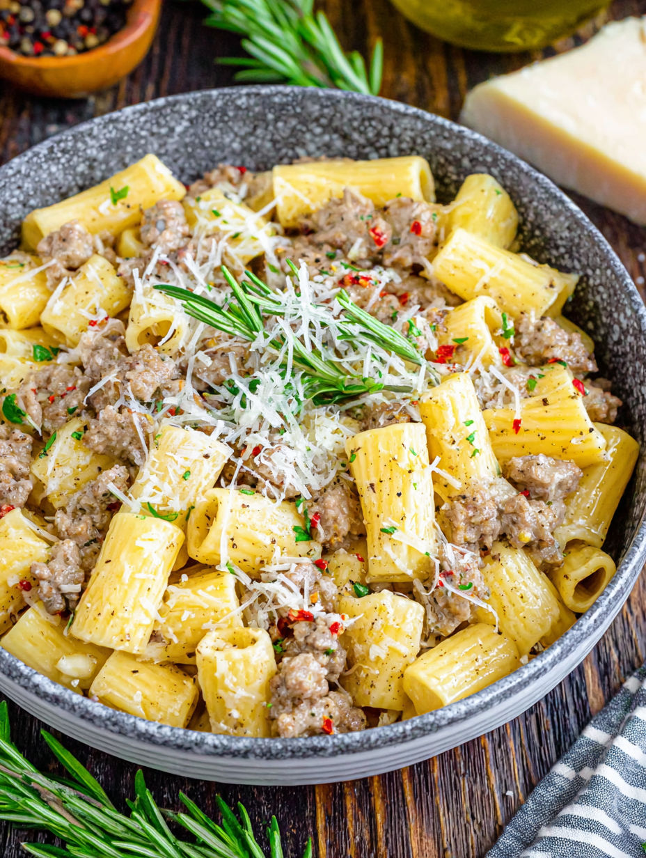 A bowl of pasta with meat and cheese.