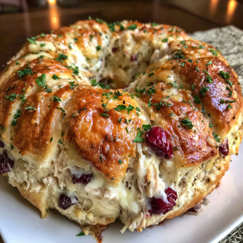 A delicious looking turkey cranberry crescent ring.