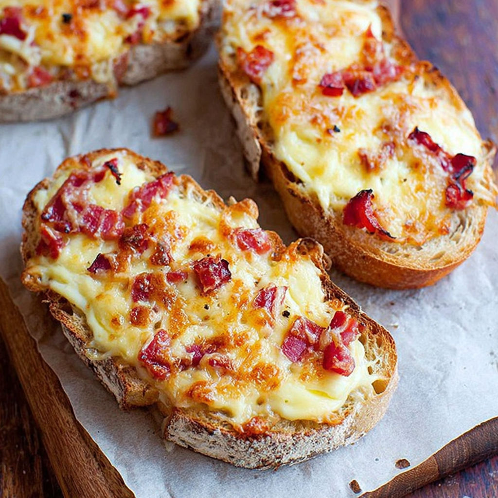 Two slices of bread with cheese and ham on top.