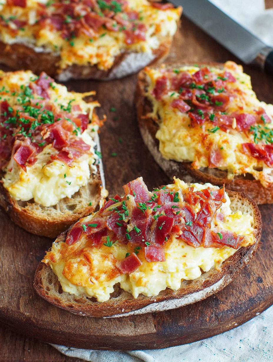 A slice of bread with bacon and cheese on top.