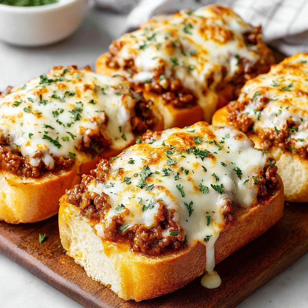 A plate of garlic bread with meat on top.