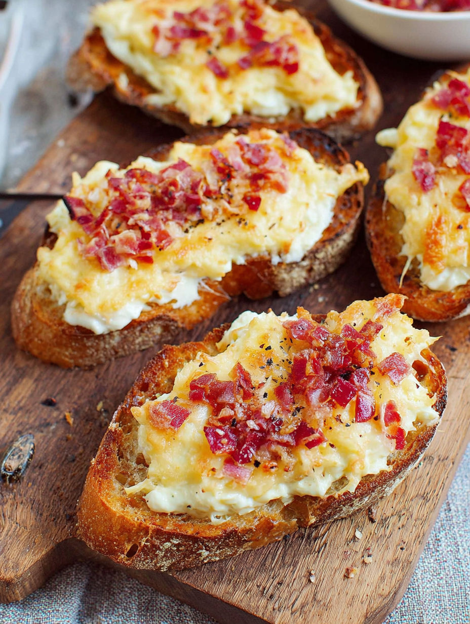 A slice of toast with cheese and bacon on it.