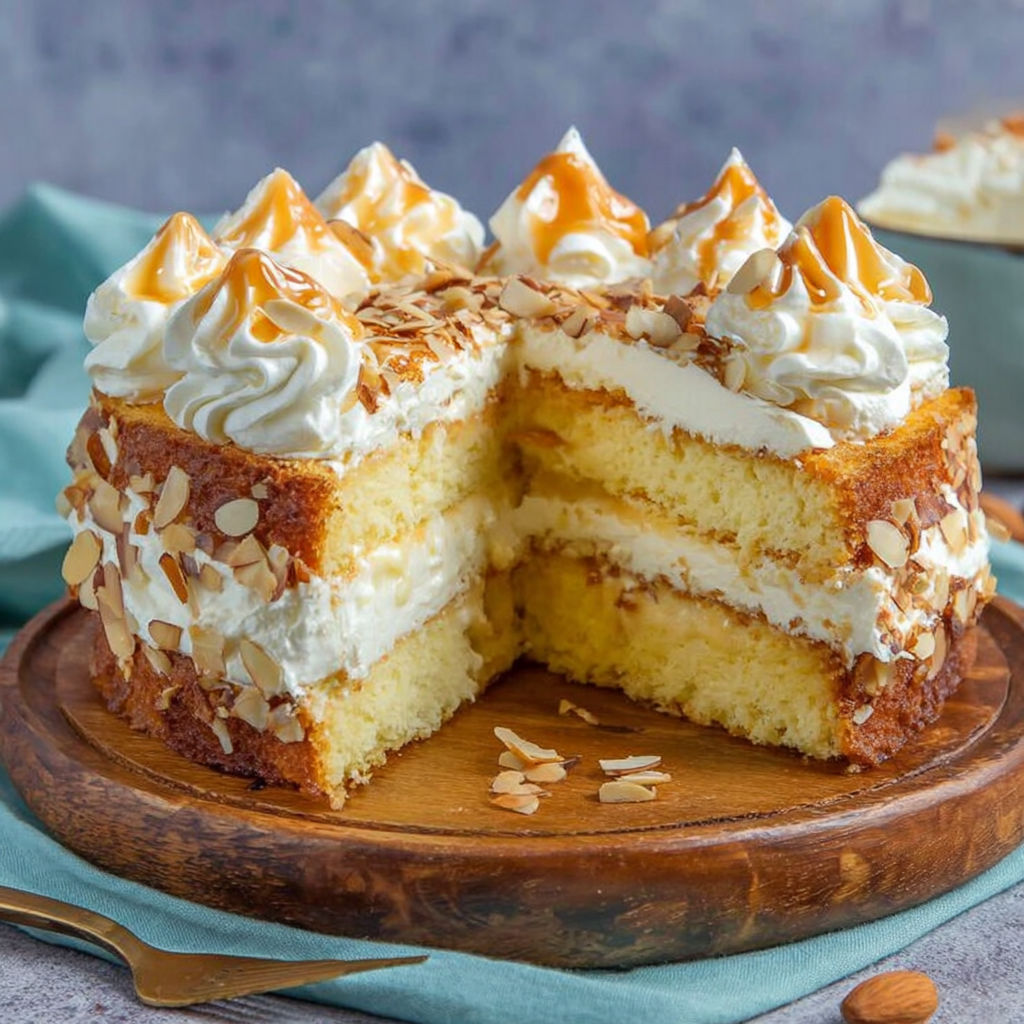 A slice of cake with white frosting and nuts on top.