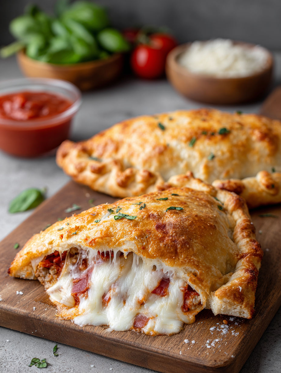 A close up of a cheese and tomato stuffed pizza.