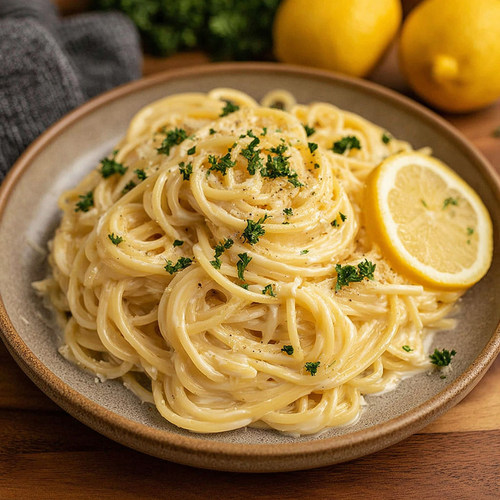 A bowl of pasta with lemon slices on top.