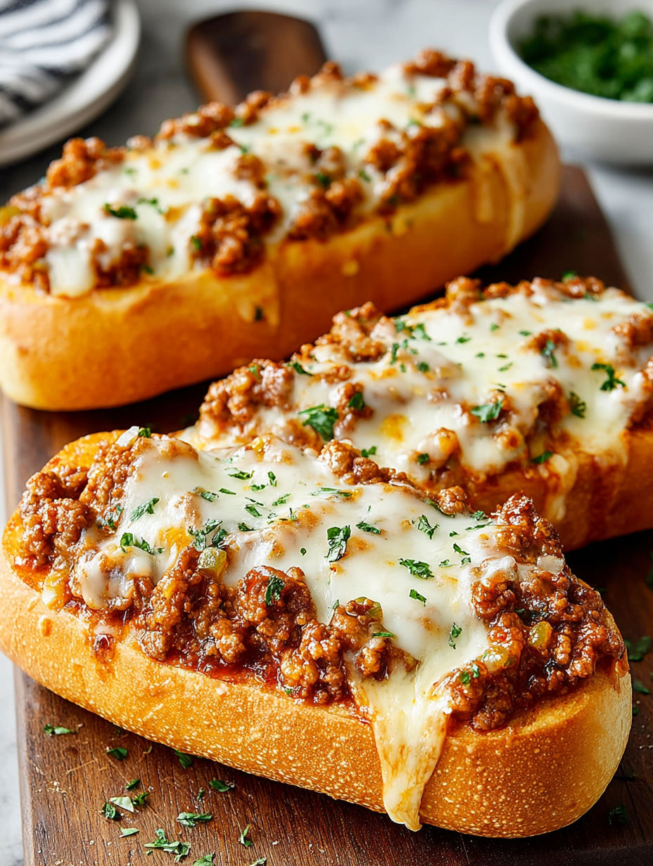 Two sandwiches with meat and cheese on a wooden board.