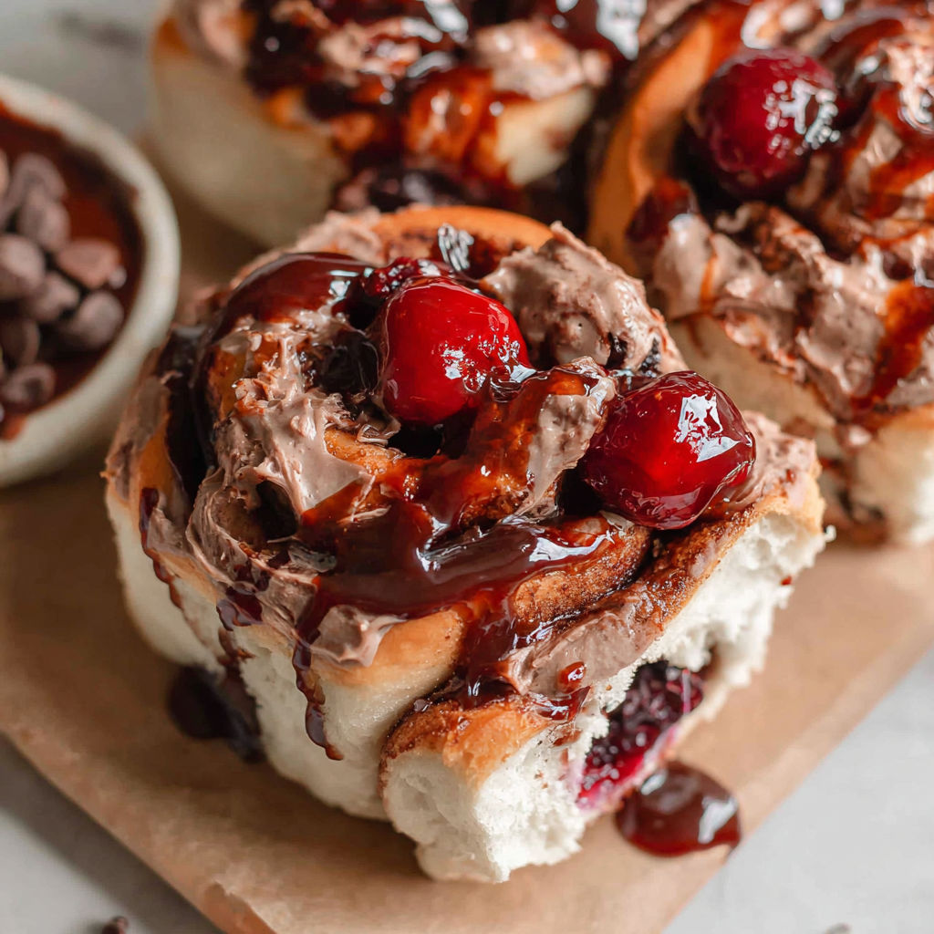 A pastry with chocolate sauce and cherries on top.