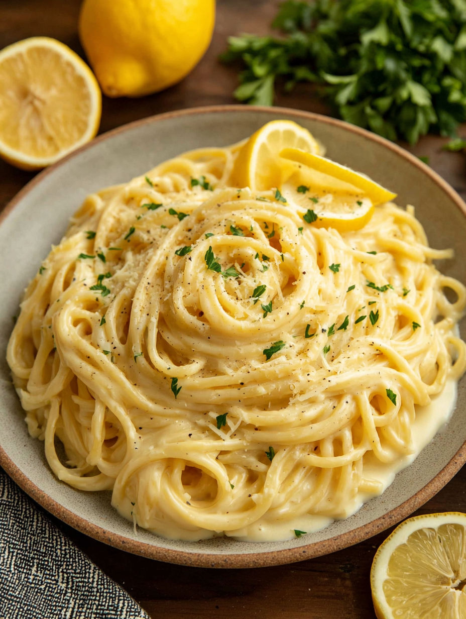 A bowl of pasta with lemon sauce.