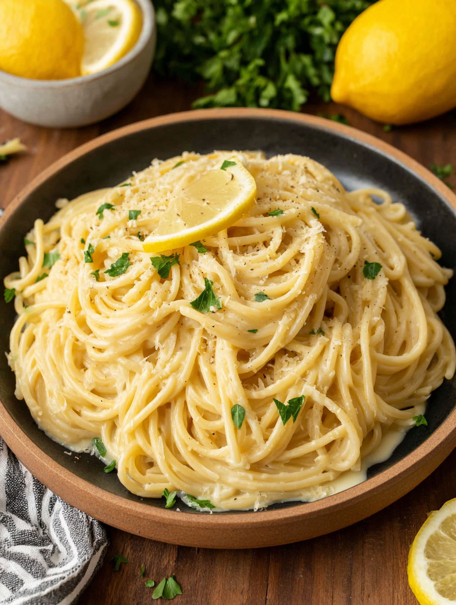 A bowl of pasta with lemon sauce.