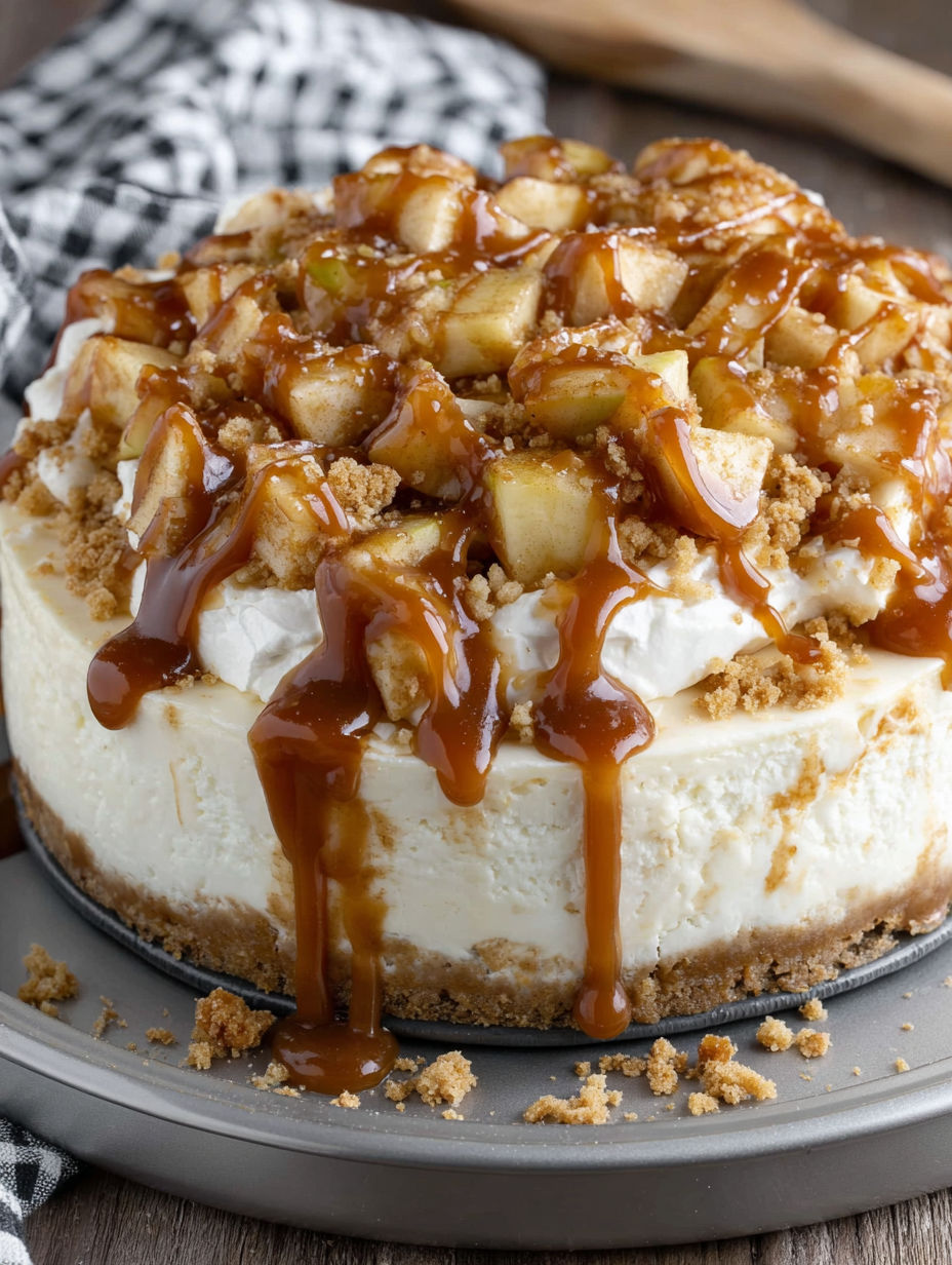 A slice of caramel apple pie cheesecake.