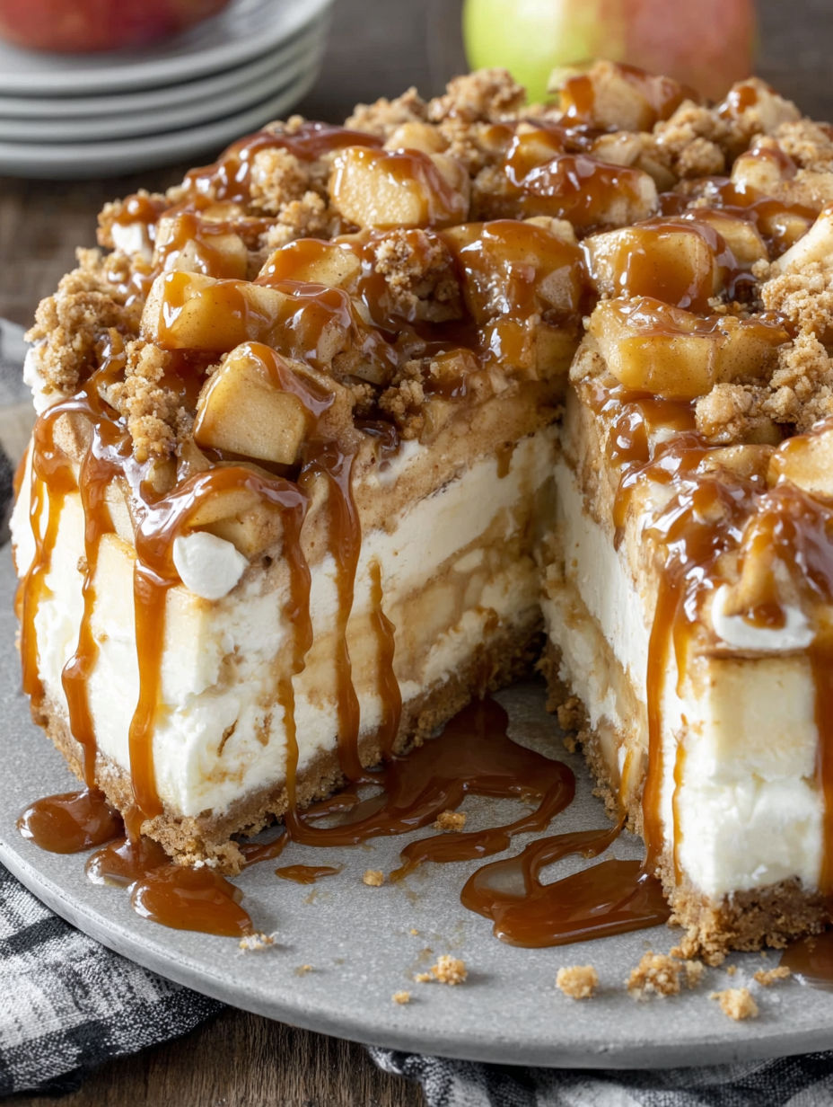 A slice of cheesecake with caramel drizzled on top.