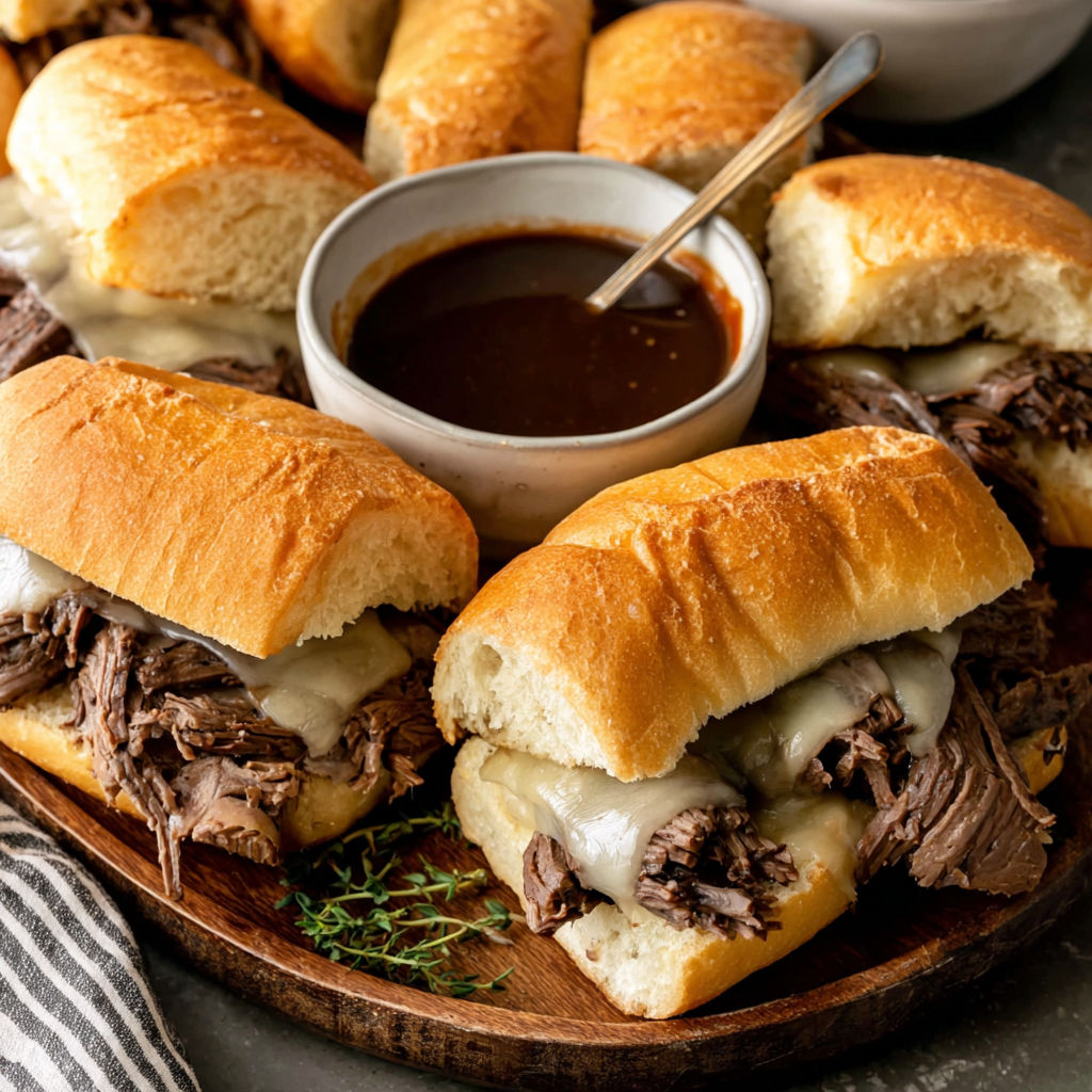 A plate of crockpot French dip sandwiches.