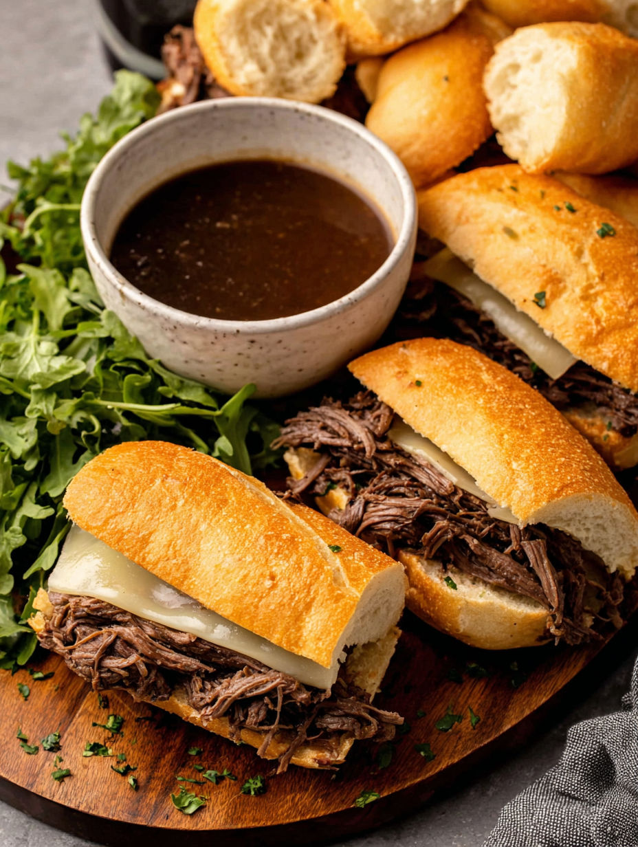 A bowl of beef stew sits next to a plate of crockpot French dip sandwiches.