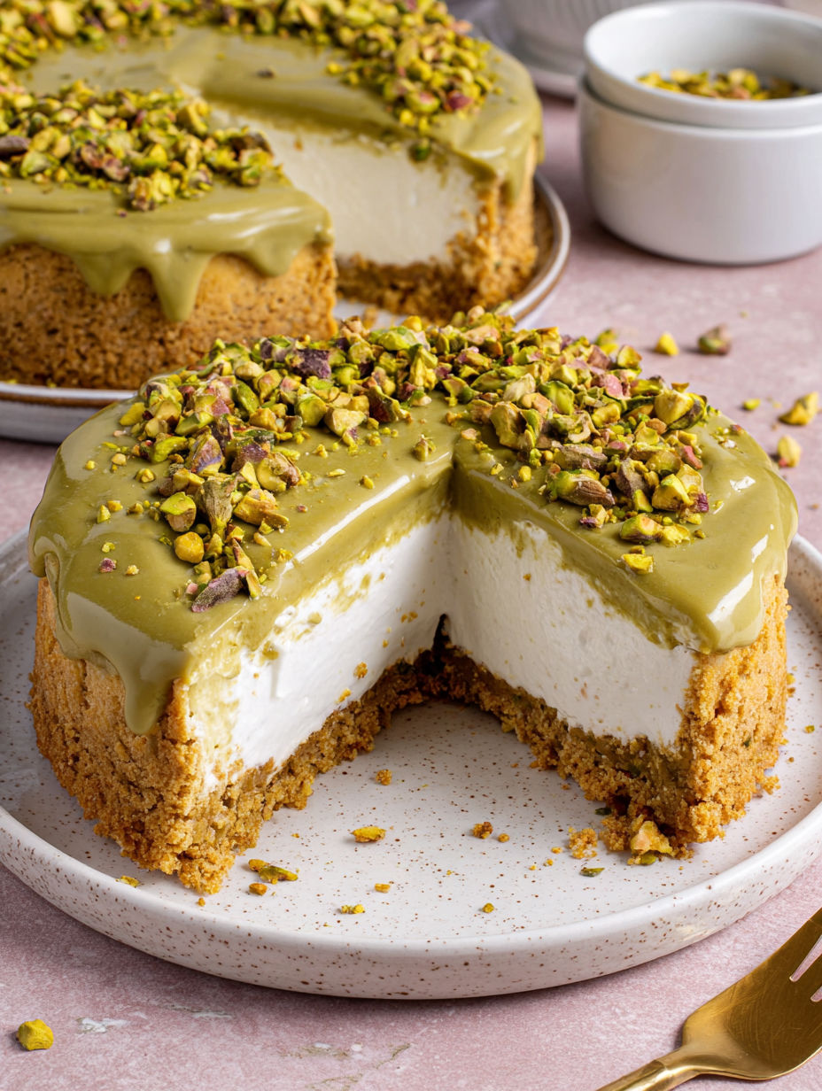 A slice of pistachio cheesecake with a pistachio topping.