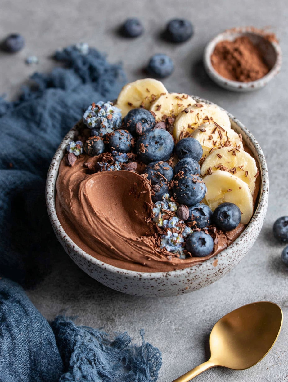 A bowl of chocolate and blueberries.