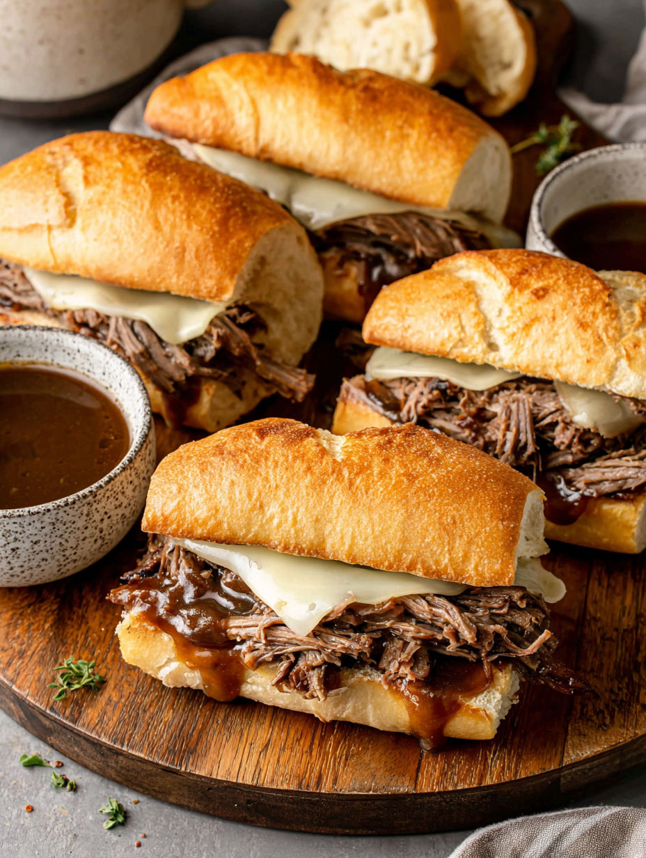 A plate of crockpot French dip sandwiches.