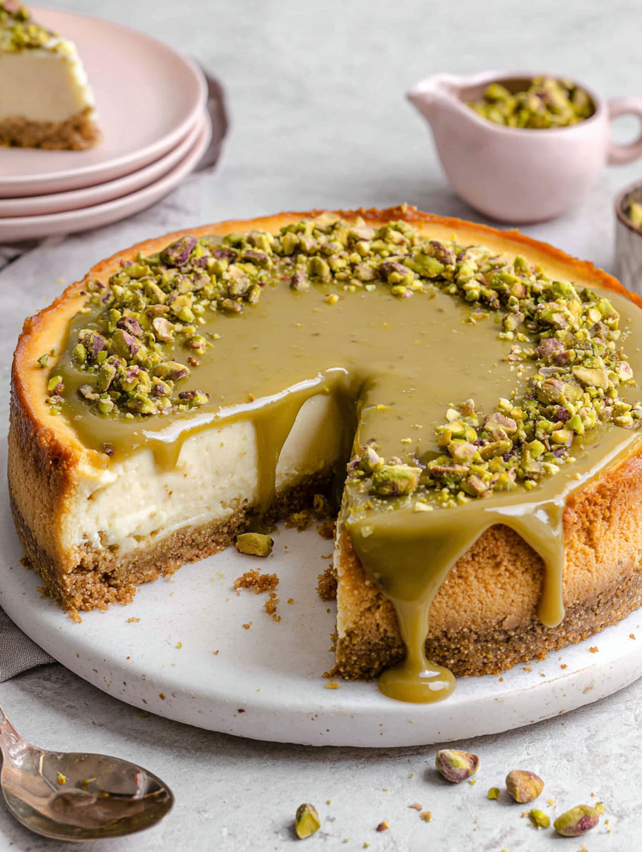A slice of pistachio cheesecake with a pistachio topping.