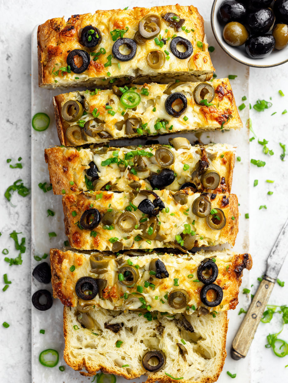 A slice of pizza with olives and cheese.