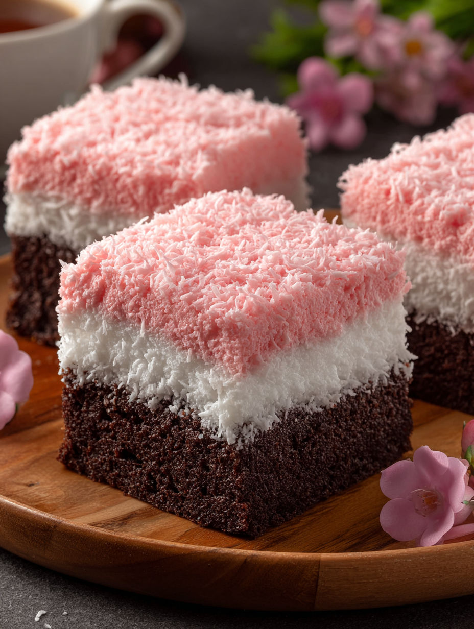 A slice of sno ball brownies on a wooden platter.