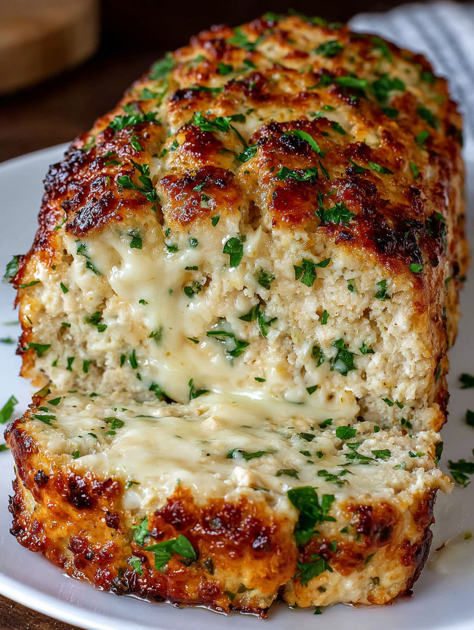 A slice of garlic parmesan chicken meatloaf.