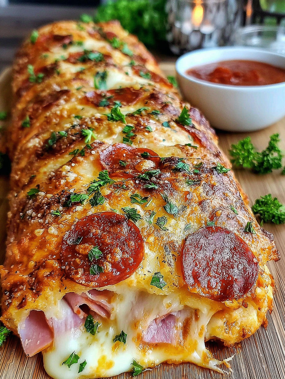 A long pizza with pepperoni and cheese.