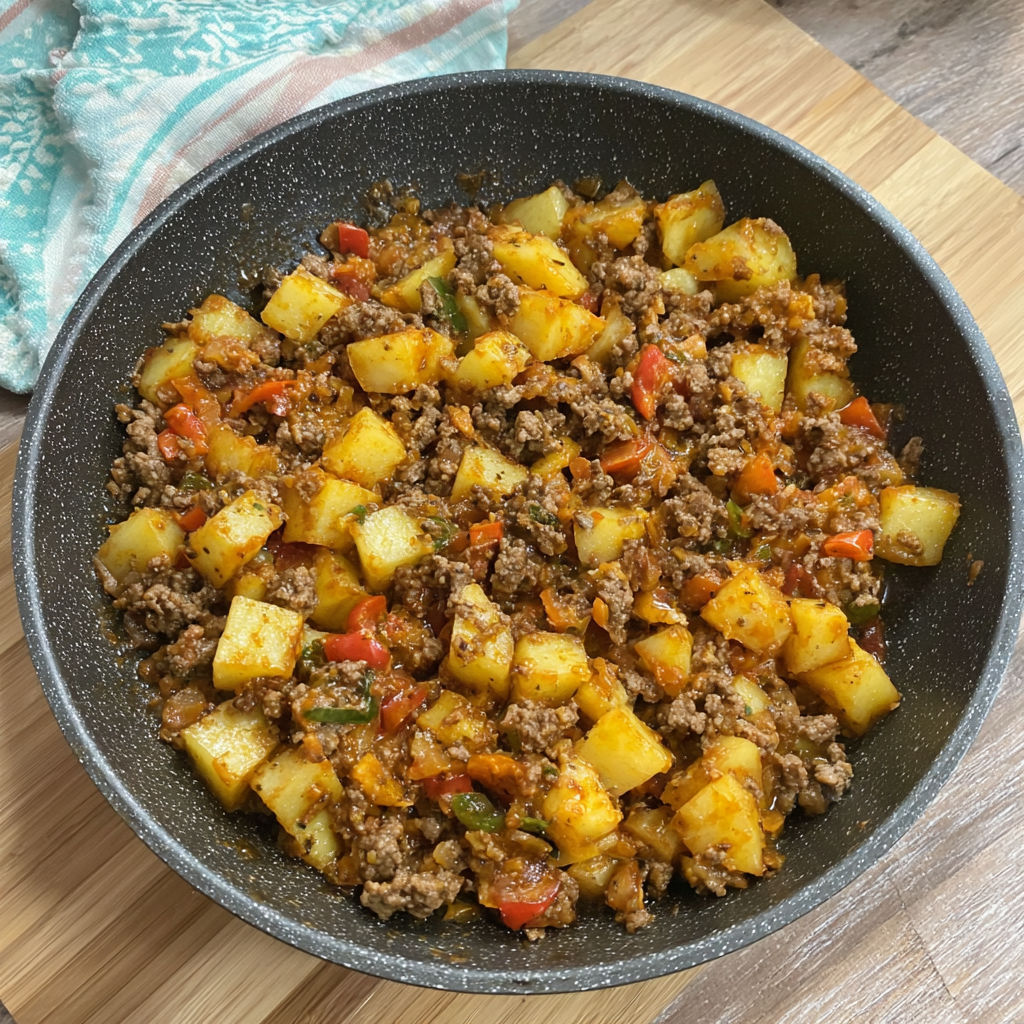 A bowl of food with the word "Kartoffel-Hack-Pfanne für jeden Tag" on it.