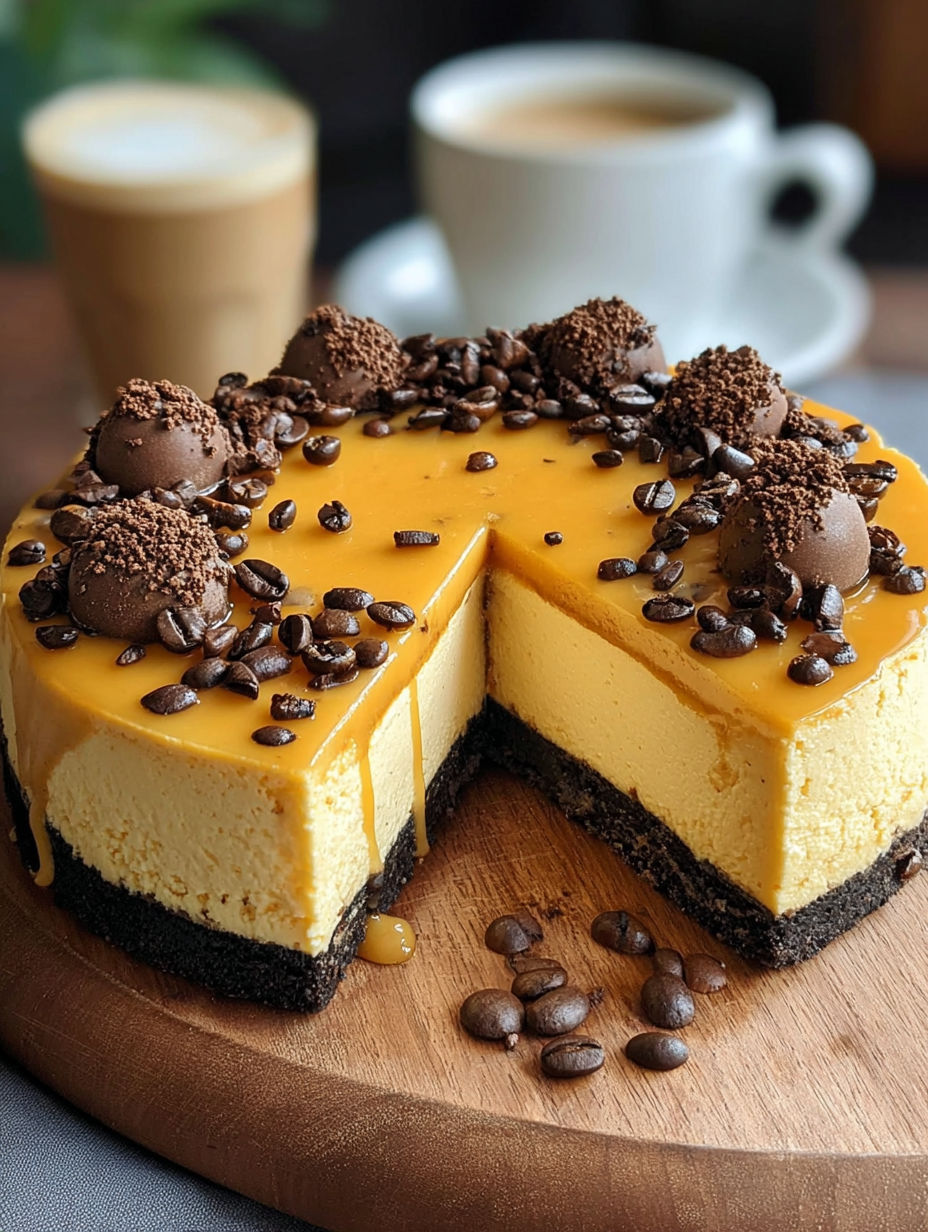 A slice of cheesecake with chocolate chips and coffee beans on top.