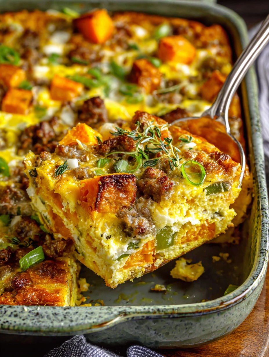 A close up of a delicious sweet potato and egg casserole.