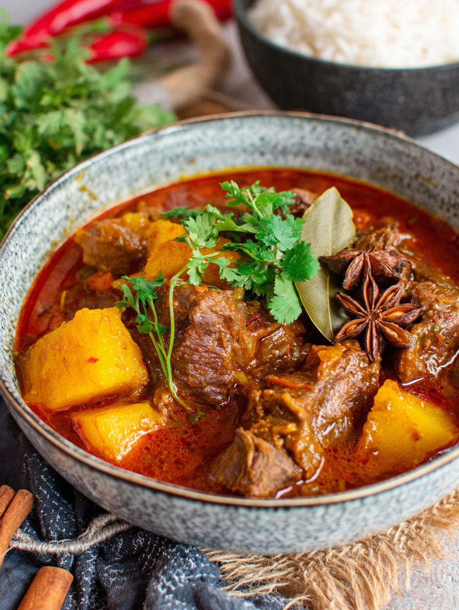 A bowl of Durban Lamb Curry.