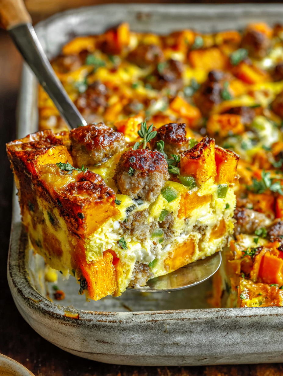 A fork is stuck in a casserole dish with a sweet potato and sausage casserole.