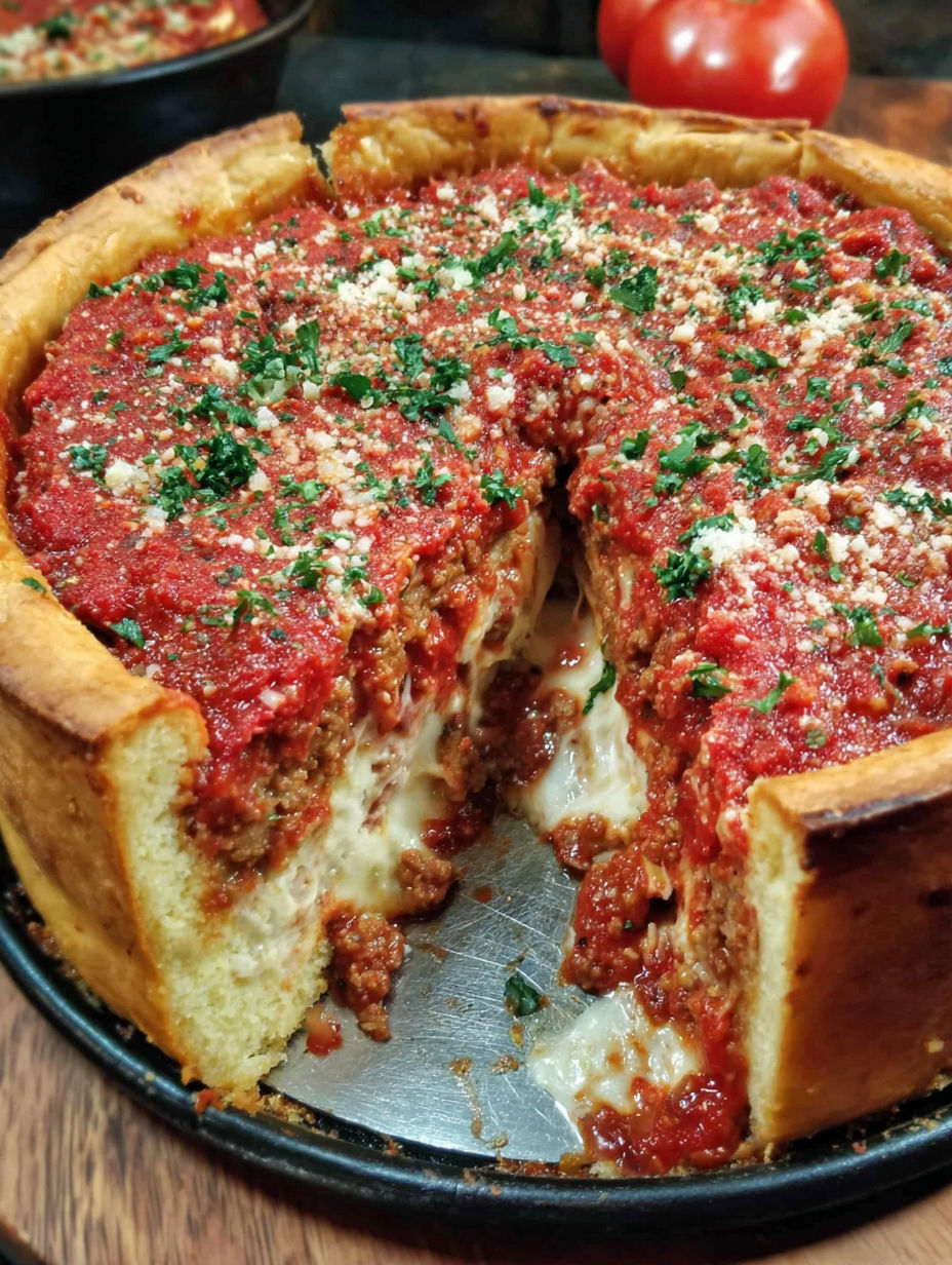 A slice of deep dish pizza with meat and cheese.