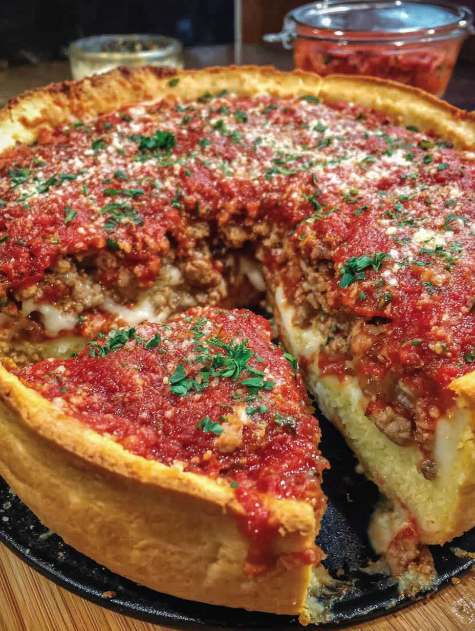 A slice of deep dish pizza with white cheese and tomato sauce.