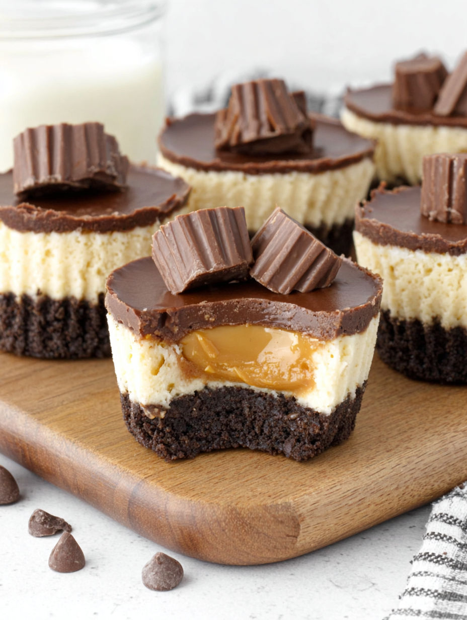 A plate of mini peanut butter cup cheesecakes.