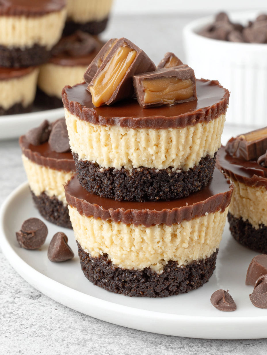 Three mini peanut butter cup cheesecakes.