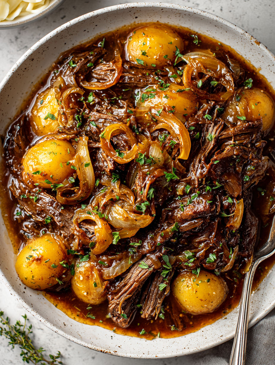 A delicious pot roast with onions and herbs.